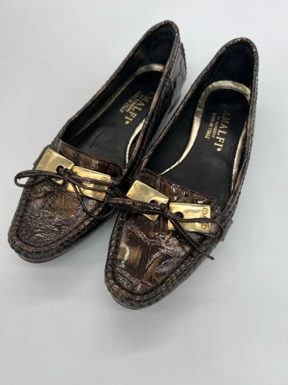 Amalfi Dark Brown Croc-Embossed Leather Loafers with Gold Accent